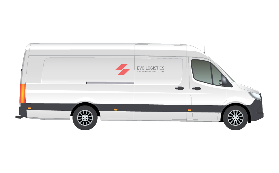 An extra-long white van with Evo Logistics logo